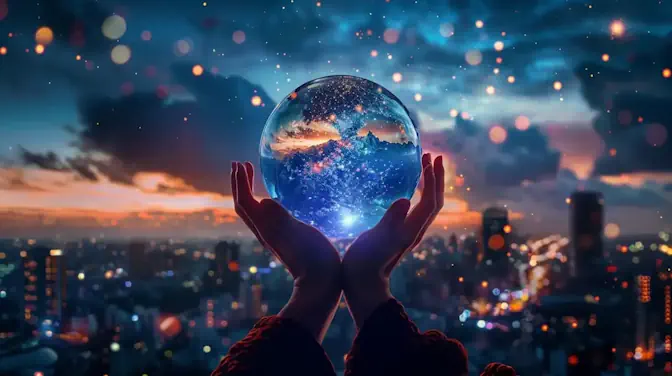 hands holding a crystal ball in front of a night sky